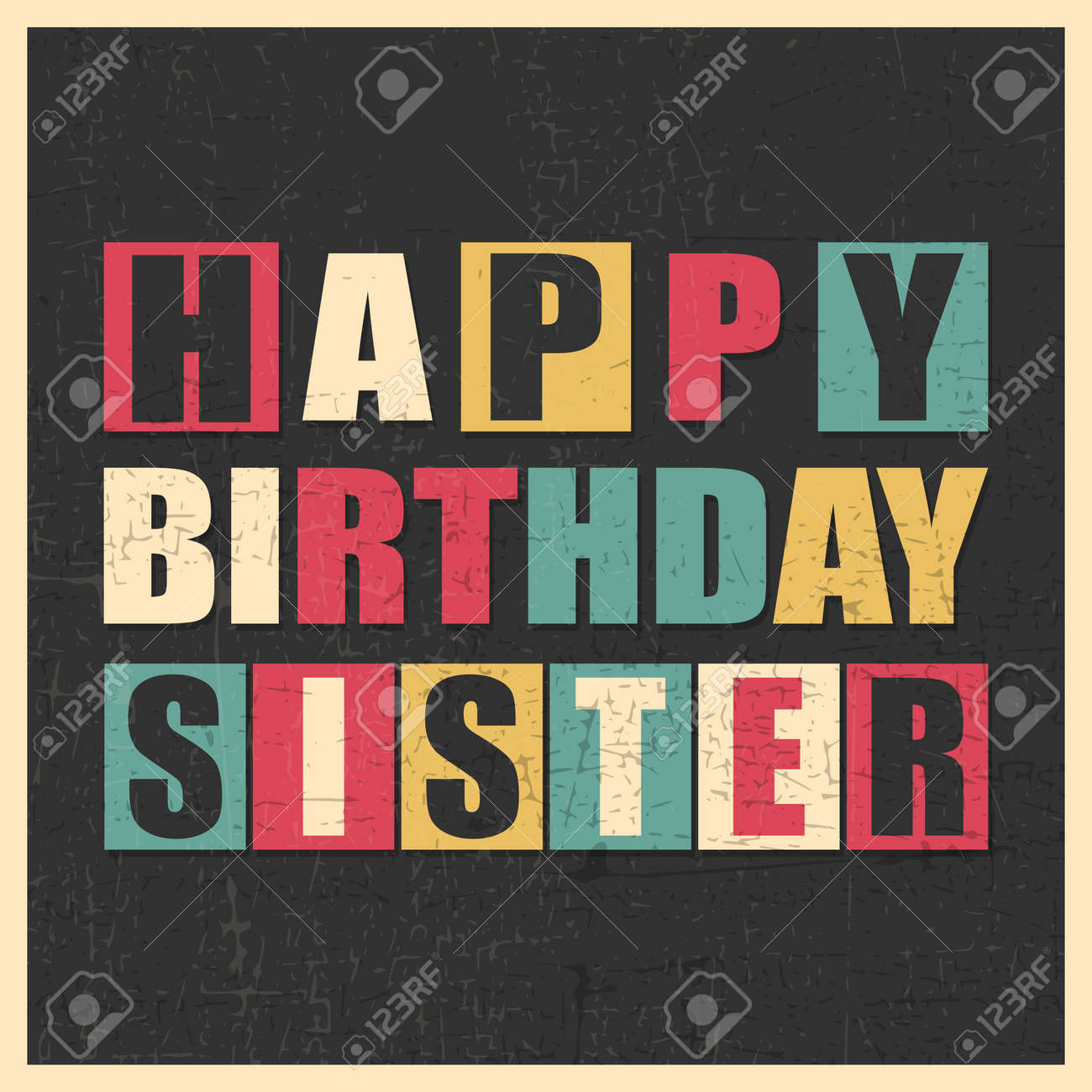 Carte De Voeux Coloree Joyeux Anniversaire Soeur Sur Fond Noir Avec Des Formes De Grunge Dans Un Cadre Jaune Autocollant Affiche De Cadeau Retro Illustration Vectorielle Clip Art Libres De Droits