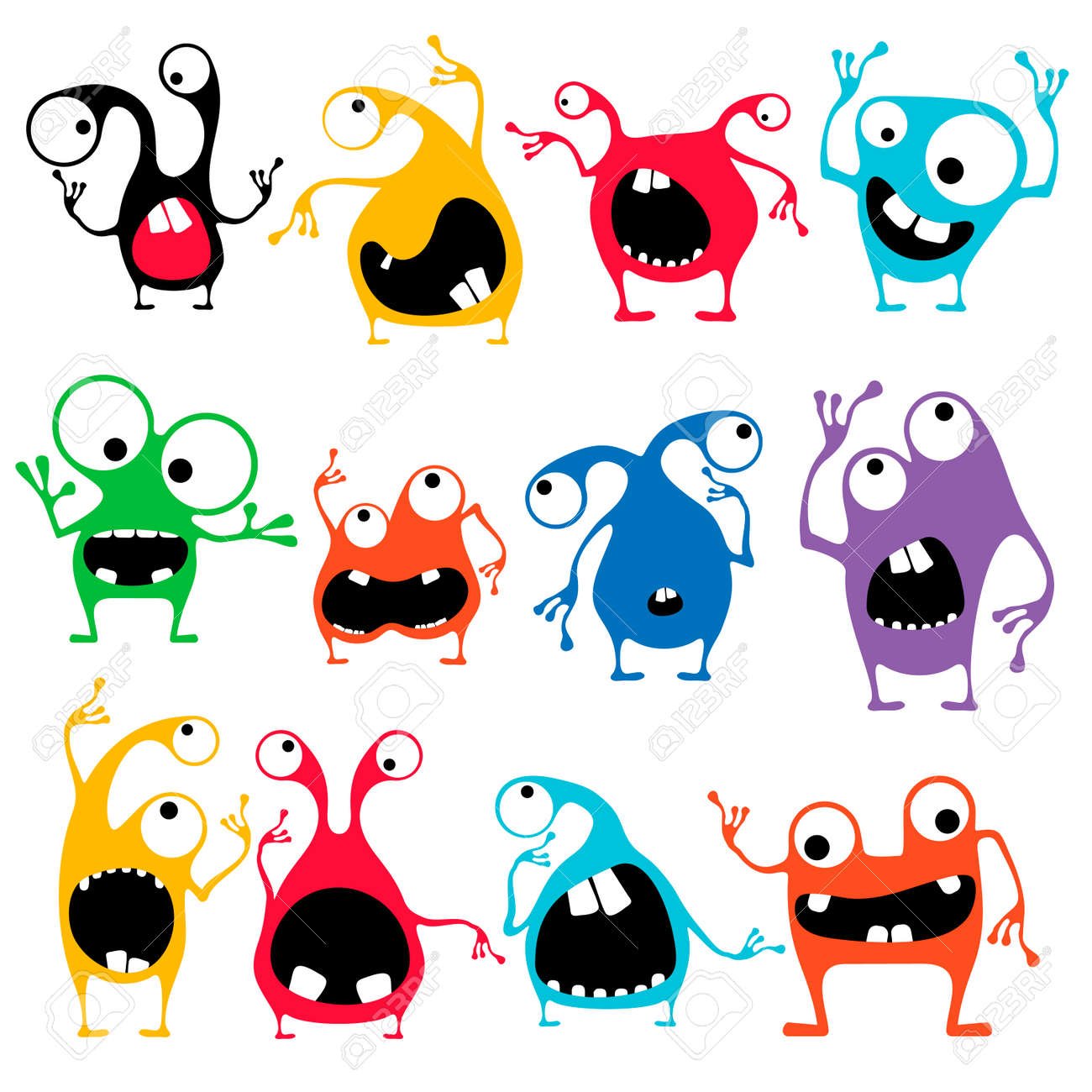異なる感情を持つ12のかわいい色のモンスターのセットは 白に隔離されています 漫画イラストのイラスト素材 ベクタ Image