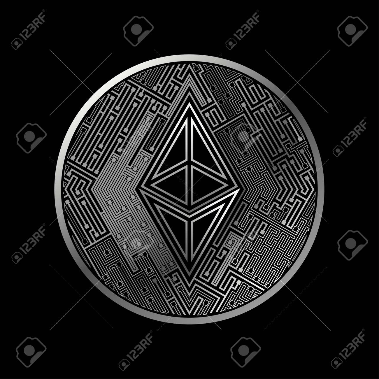 Cryptocurrency. Silver Coin With Ethereum Symbol On Black Background.  Royalty Free SVG, Cliparts, Vectors, and Stock Illustration. Image 94476737.