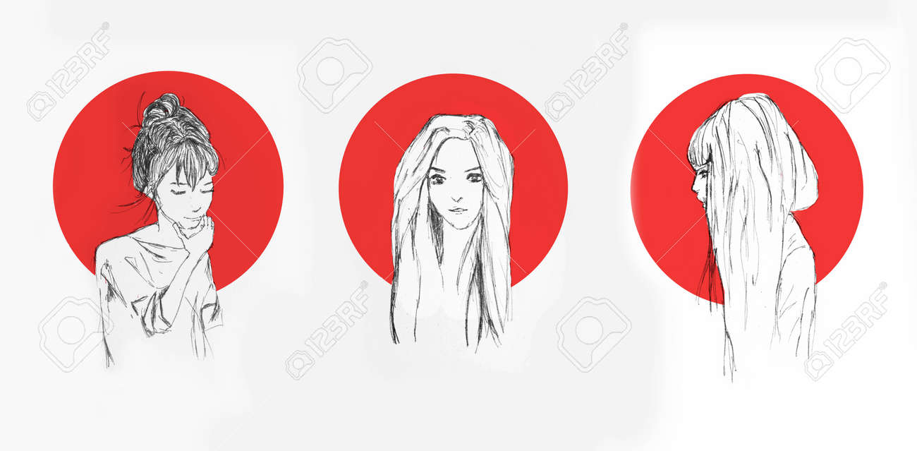 Different Pencil Sketch Of An Anime Girls With Red Circle Behind