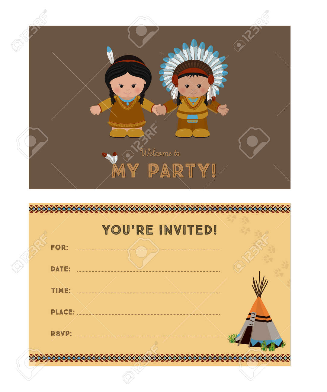 子供のパーティーのためのアメリカインディアンとパーティー カードの招待状への招待 カードの招待状を前面と背面のページ ベクトル イラストのテンプレート のイラスト素材 ベクタ Image