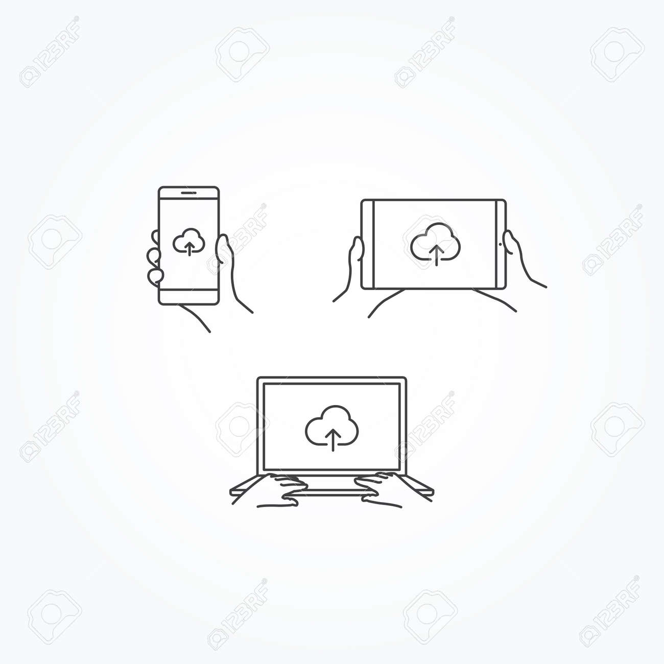 cloud upload icon on phone tablet laptop royalty free cliparts