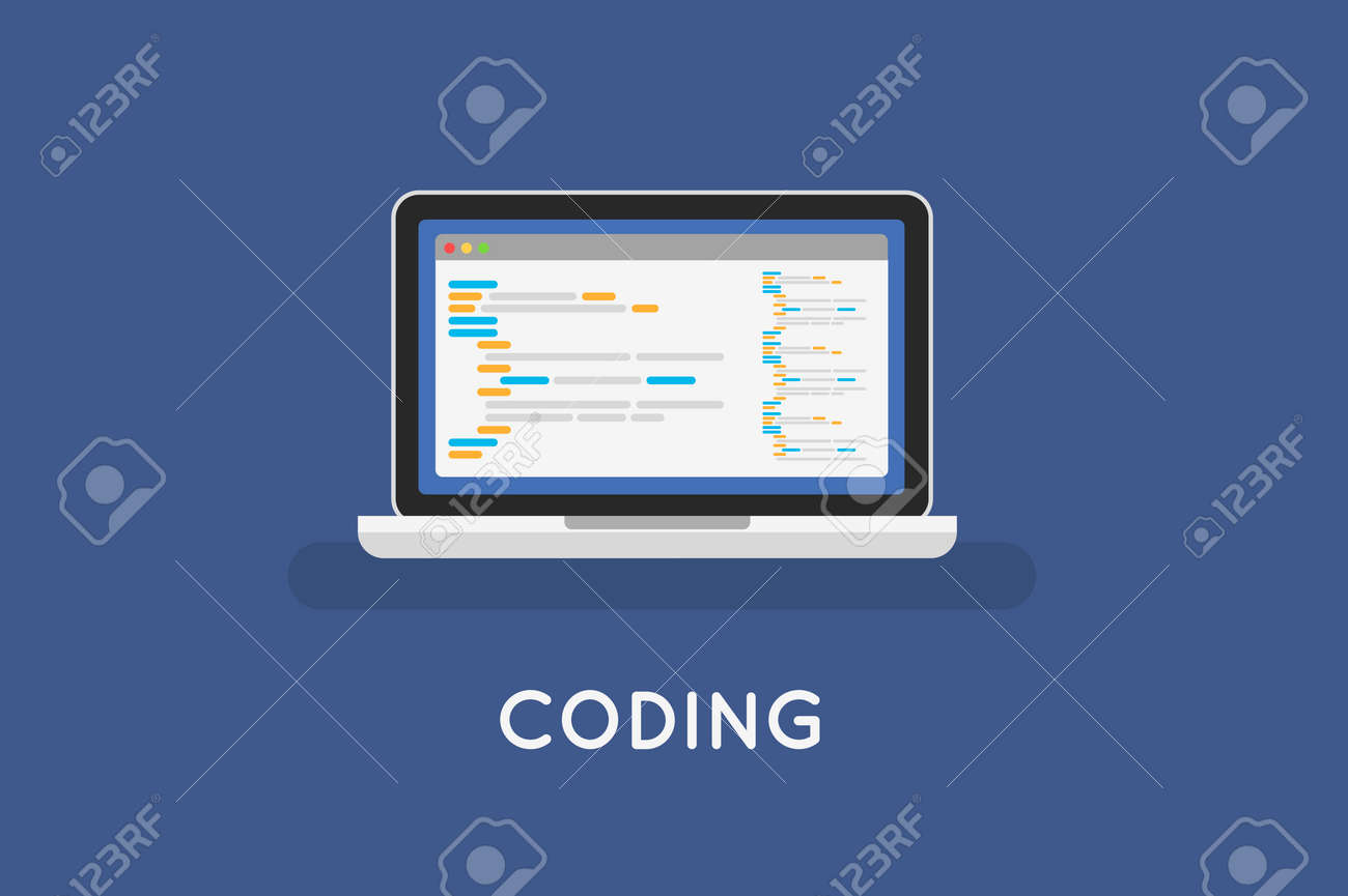 coding php or html on laptop programming mobile app vector concept php coding