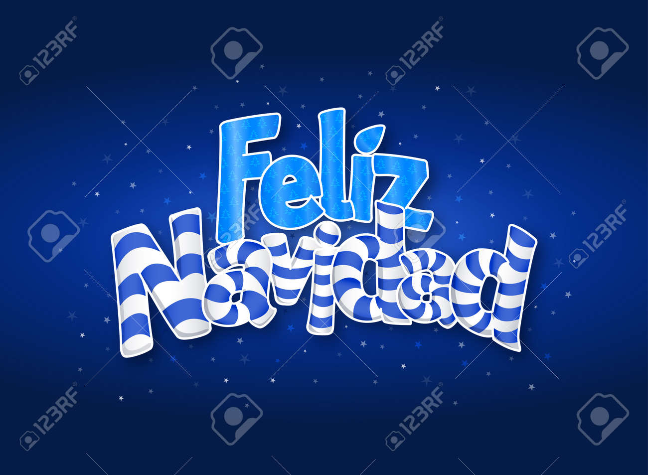 FELIZ NAVIDAD -Merry Christmas In Spanish Language- Blue Cover Of Greeting  Card With Stars In Background. Layout Size: 15 Cm X 11 Cm. Lettering  Design. Royalty Free SVG, Cliparts, Vectors, and Stock, image size:1300x953