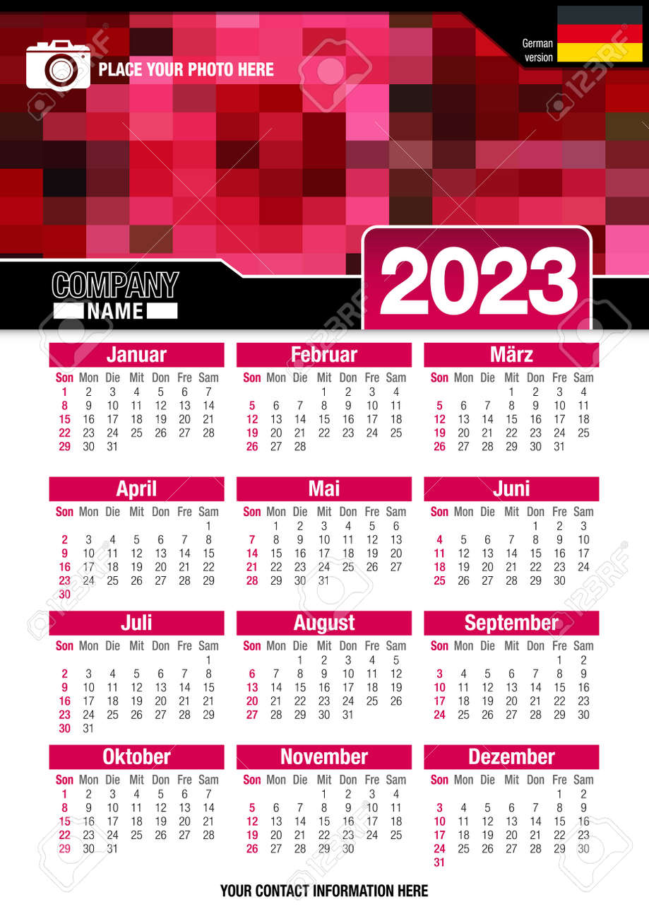 Calendrier Couleur 2023 Calendrier Mural Utile 2023 Avec Motif En Mosaïque De Couleurs Rouges.  Format A4 Vertical. Taille: 210Mm X 297Mm. Version Allemande - Image  Vectorielle Clip Art Libres De Droits , Vecteurs Et Illustration. Image  78711371.