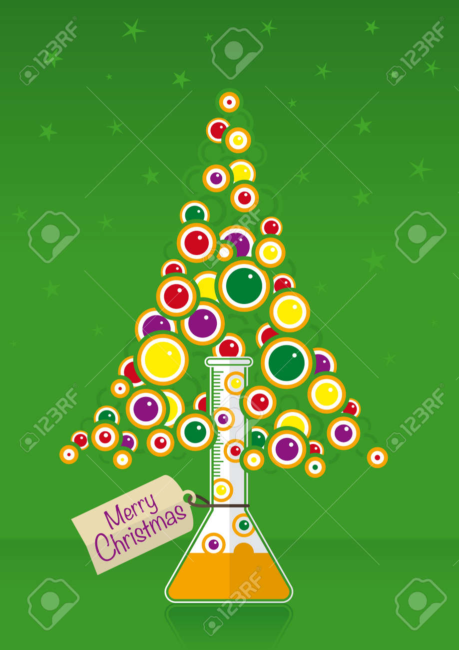 沸騰中のテスト チューブから出てくるカラフルな泡 メリー クリスマスのタグ付きのクリスマス ツリーを形成星と緑の背景にチューブに関連付けられます ベクトル画像 のイラスト素材 ベクタ Image