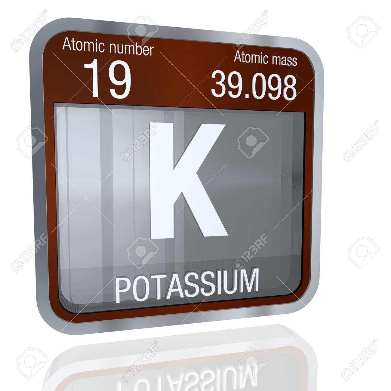 potassium symbol in square shape with metallic border and transparent background with reflection on the floor - Periodic Table Atomic Number 19 potassium symbol in square shape with metallic border and transparent background with reflection on the floor - Periodic Table Atomic Number 19