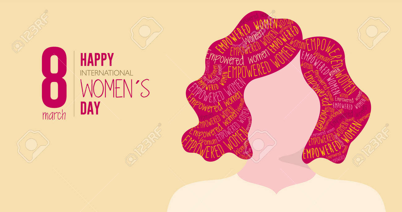 Greeting Card of HAPPY INTERNATIONAL WOMEN S DAY. Silhouette of woman with red hair filled with the words EMPOWERED WOMAN on yellow background. Vector image - 164532099 Greeting Card of HAPPY INTERNATIONAL WOMEN S DAY. Silhouette of woman with red hair filled with the words EMPOWERED WOMAN on yellow background. Vector image - 164532099