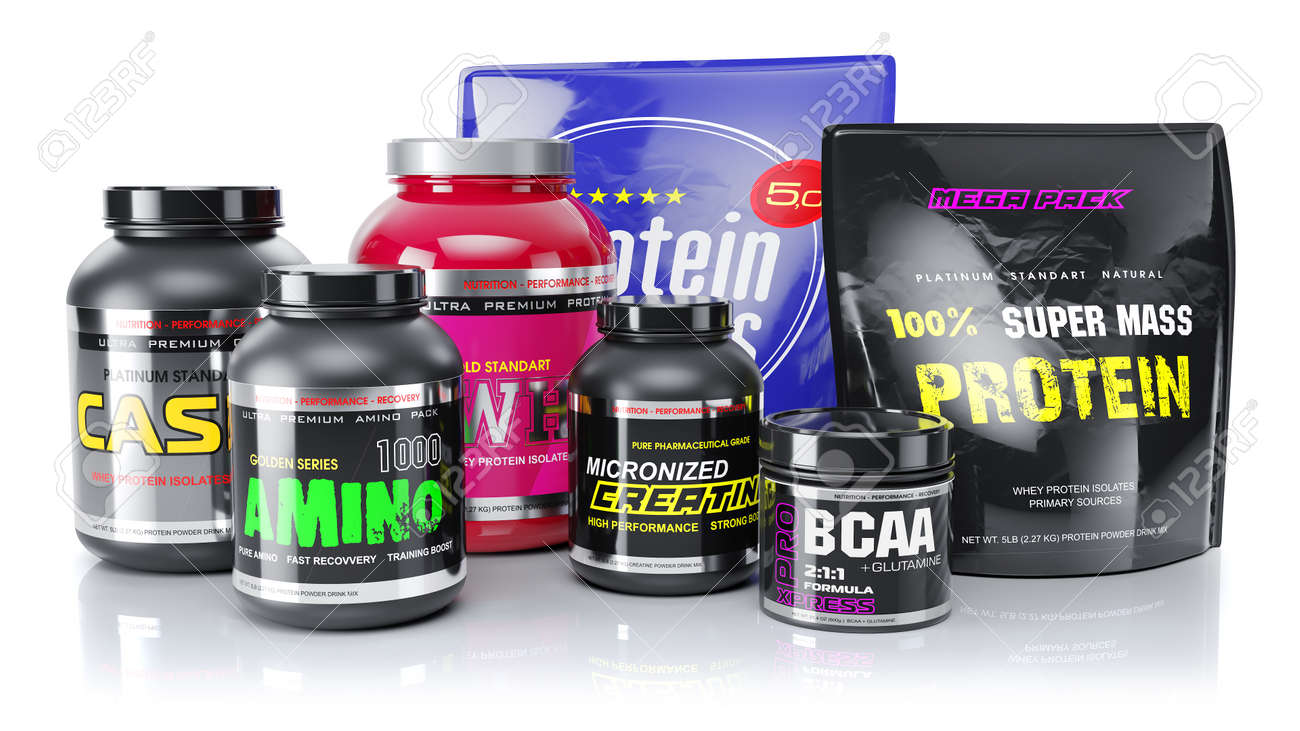Sports nutrition. Whey, BCAA, amino, protein. Objects isolated on white background. 3d render - 107753793 Sports nutrition. Whey, BCAA, amino, protein. Objects isolated on white background. 3d render - 107753793