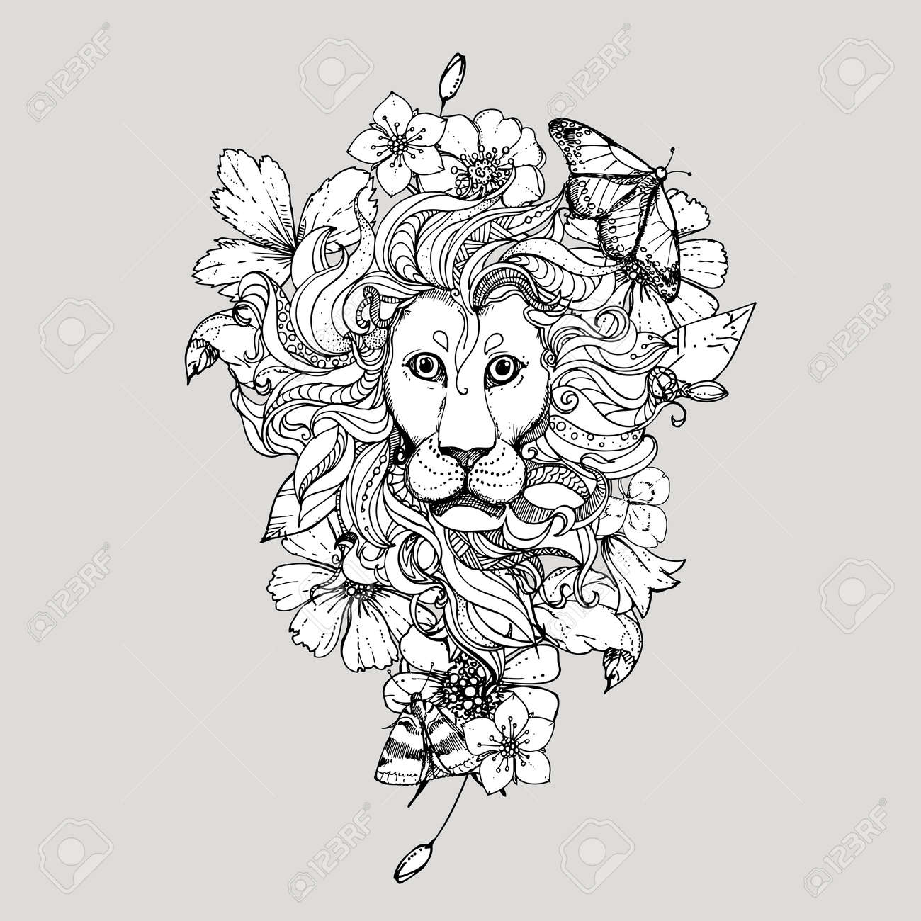 Illustration Of Doodle Lion With Flowers And Butterfly Sketch Stock Vector