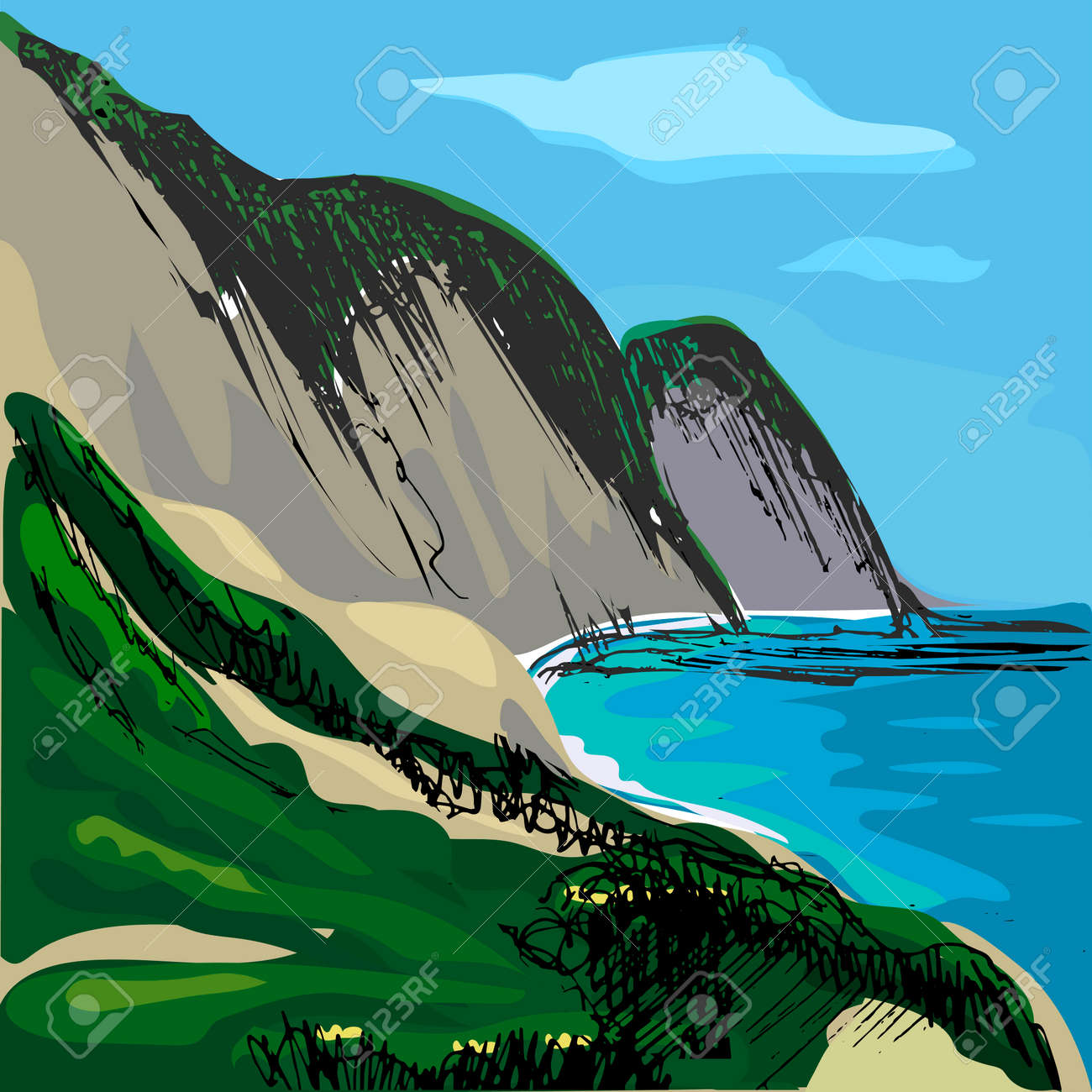 手描き風景画 海と山の風景 手描き風景画 海と山の風景 かぶれる