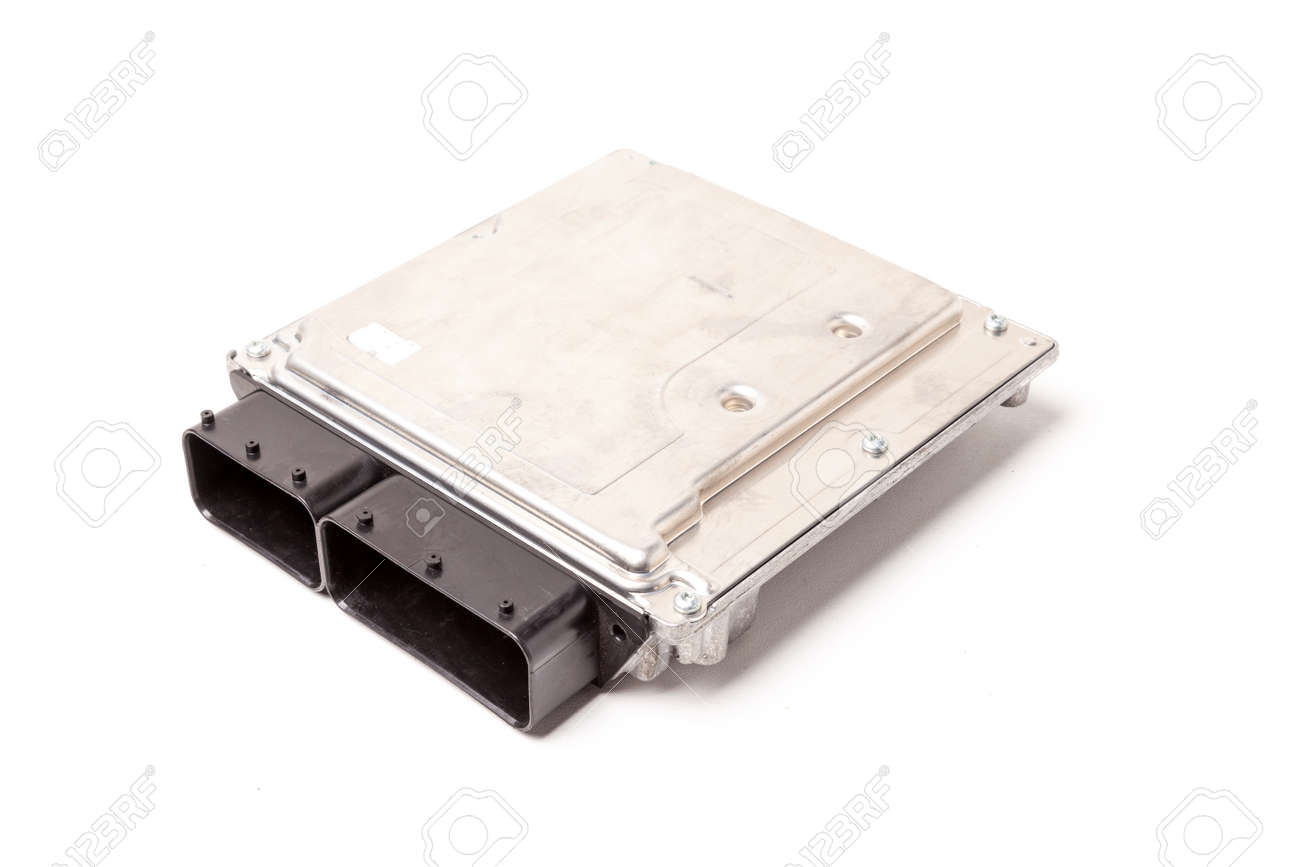 Plastic car engine control unit with metal elements on a white isolated background - the connecting center of different subsystems, nodes and aggregates. - 145093096 Plastic car engine control unit with metal elements on a white isolated background - the connecting center of different subsystems, nodes and aggregates. - 145093096