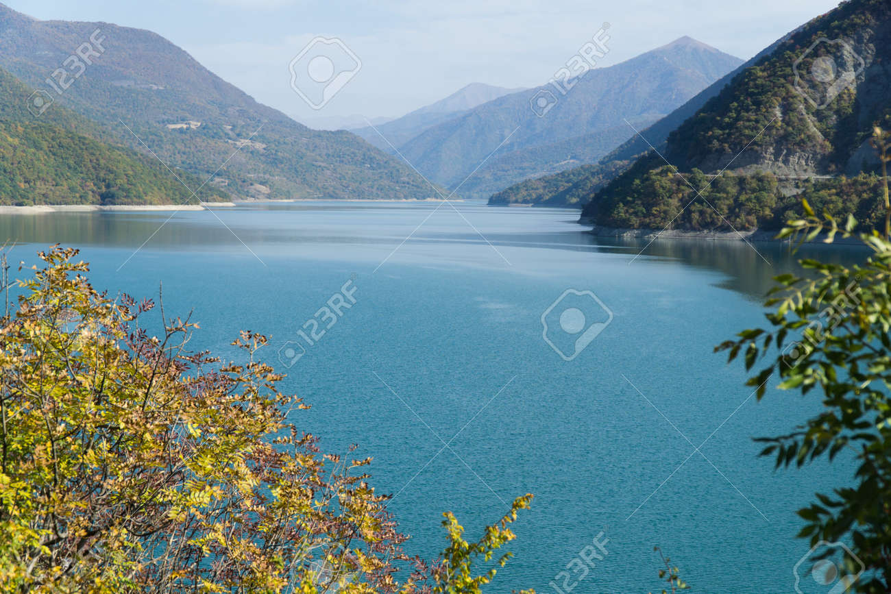 View of the Zhinvali reservoir on the Aragvi river near the village of Ananuri - 77008101 View of the Zhinvali reservoir on the Aragvi river near the village of Ananuri - 77008101