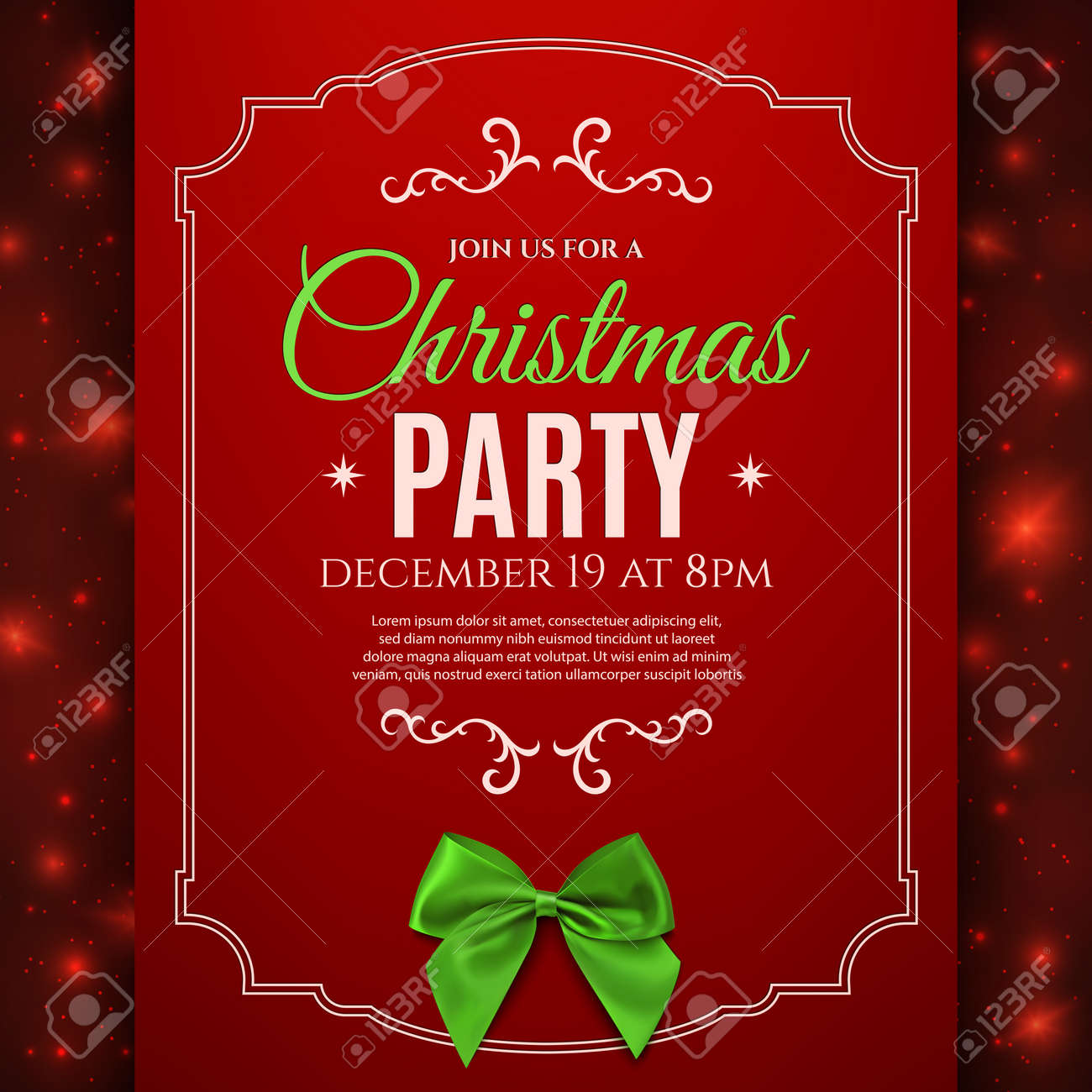christmas party poster template with green bow christmas background stock vector 49454162
