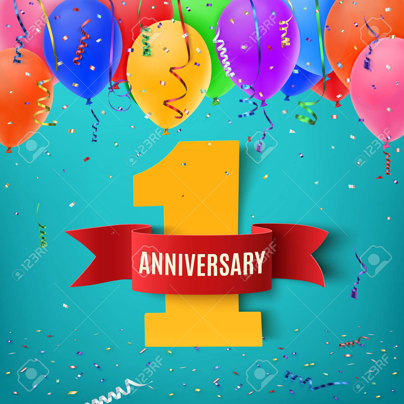 One year anniversary celebration background with red ribbon confetti and balloons. Anniversary ribbon. Anniversary party poster or brochure template. Anniversary banner. Vector illustration. - 55701382 One year anniversary celebration background with red ribbon confetti and balloons. Anniversary ribbon. Anniversary party poster or brochure template. Anniversary banner. Vector illustration. - 55701382