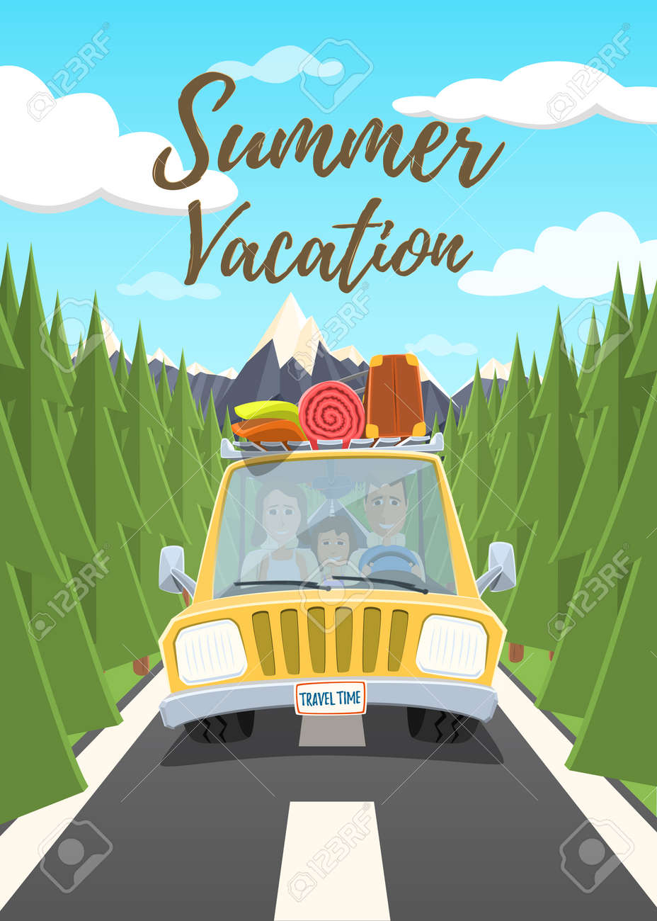 Summer Vacation Poster Happy Family Traveling In The Car Illustration Stock Vector Summer Vacation Poster Happy Family Traveling In The Car Illustration Stock Vector