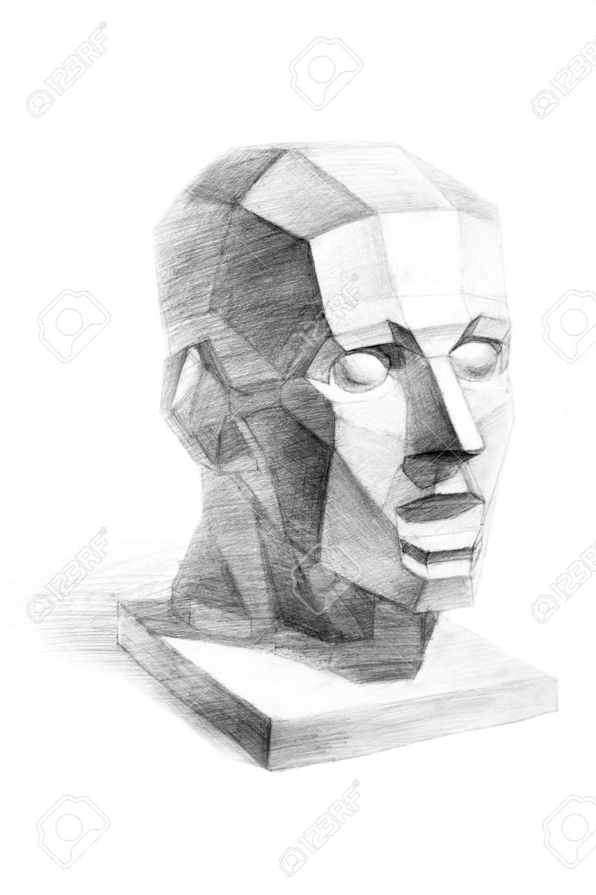 白地にグドンの頭の彫刻（マネキン化）を描いたもの。等角投影。アカデミック鉛筆画。古い図面の写真素材・画像素材 Image 166356439