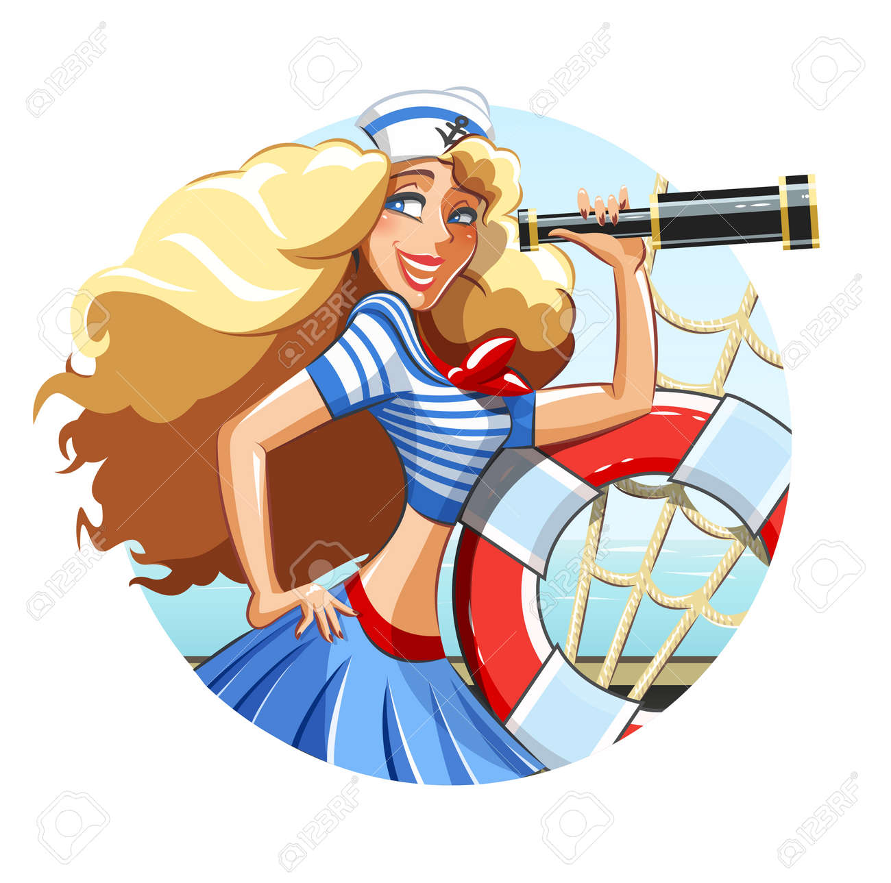 Sailor girl with pipe and rescue ring - 28092243 Sailor girl with pipe and rescue ring - 28092243