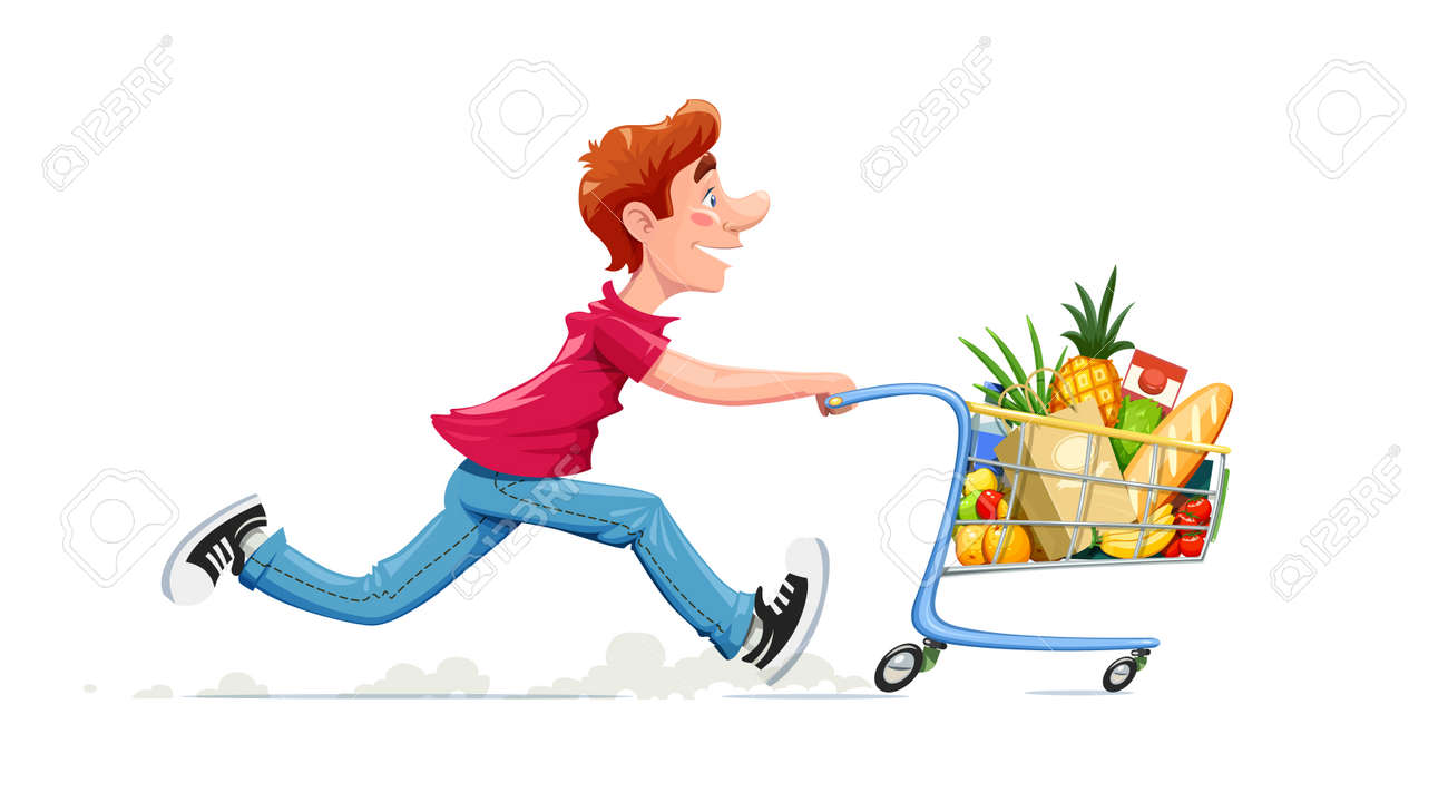 Running boy with product cart. Shopping in supermarket. Cartoon character with foodstuff trolley. Isolated white background - 82875841 Running boy with product cart. Shopping in supermarket. Cartoon character with foodstuff trolley. Isolated white background - 82875841