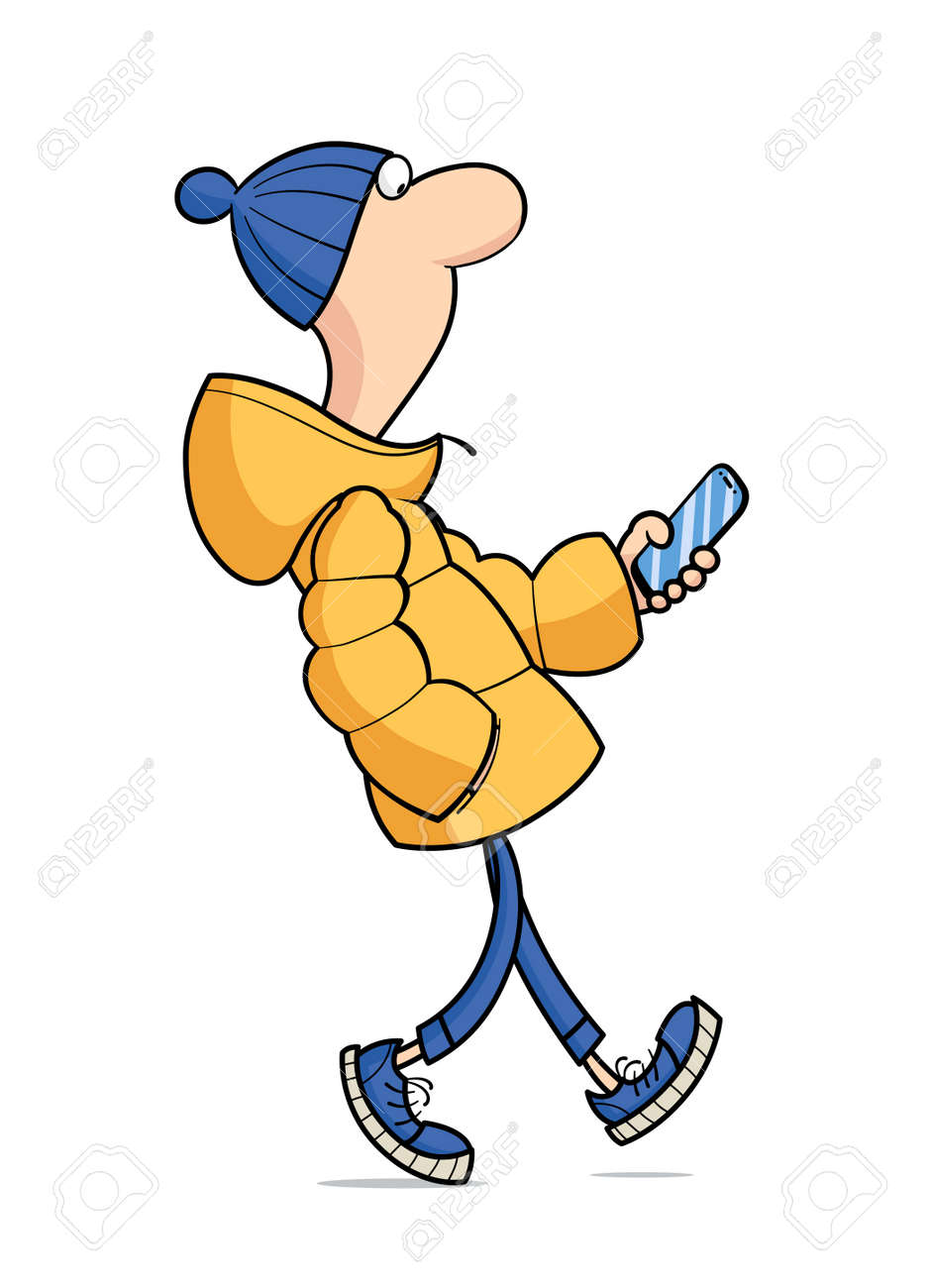 Young guy in winter jacket walk. Cartoon character with phone, Isolated on white background. - 169300707 Young guy in winter jacket walk. Cartoon character with phone, Isolated on white background. - 169300707