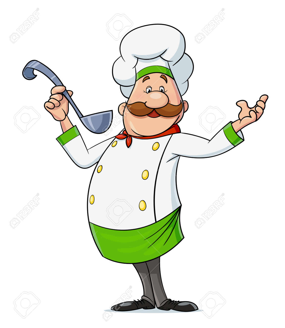 Cook with moustache and spoon. Cartoon character at restaurant kitchen, Isolated on white background. - 169300713 Cook with moustache and spoon. Cartoon character at restaurant kitchen, Isolated on white background. - 169300713