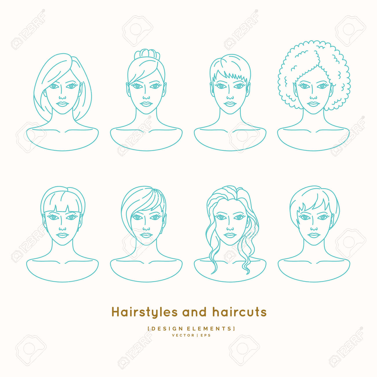 Set Of Female Faces With Different Hairstyles And Haircuts Silhouettes