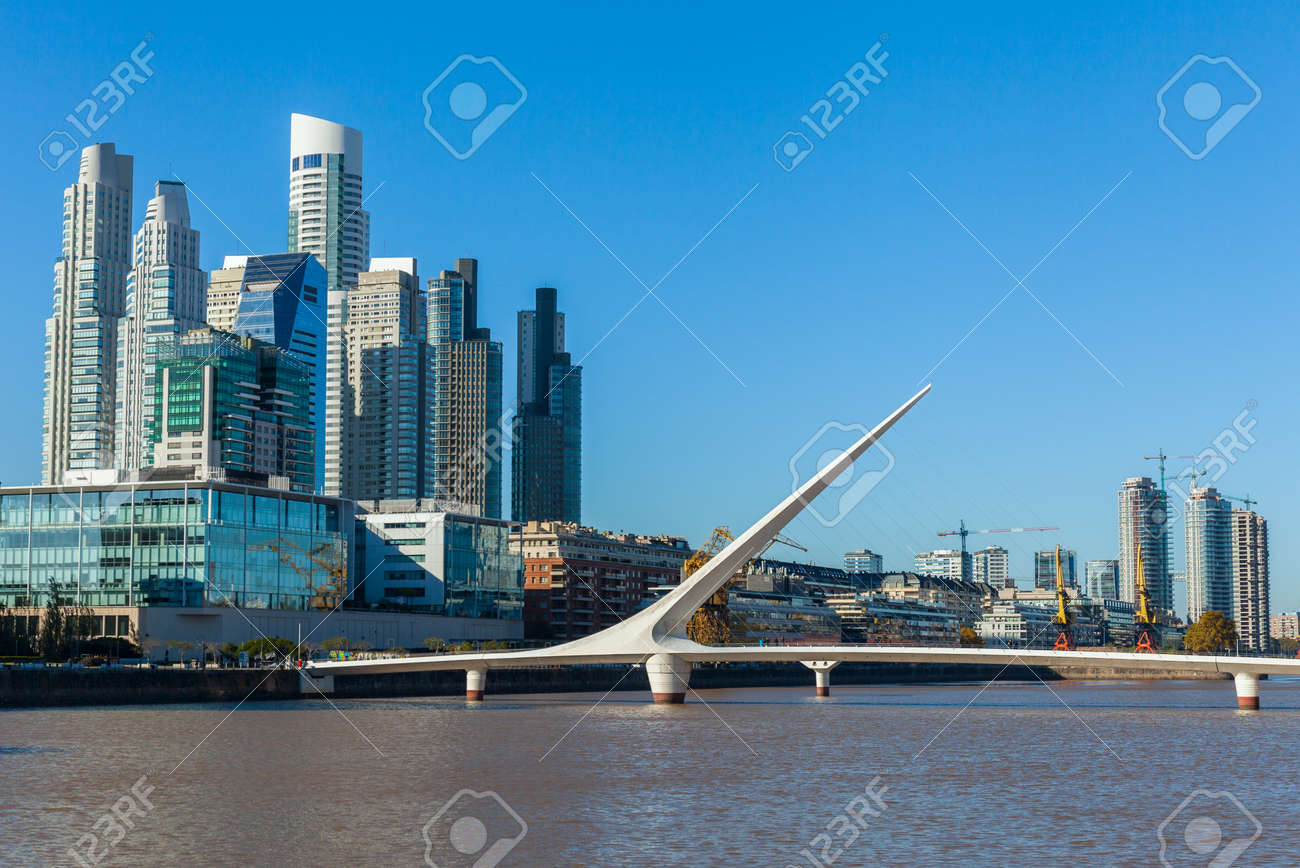 Buenos Aires City Skyline. View Of Puente De La Mujer Womens Bridge , Puerto  Madero Stock Photo, Picture and Royalty Free Image. Image 126573599.