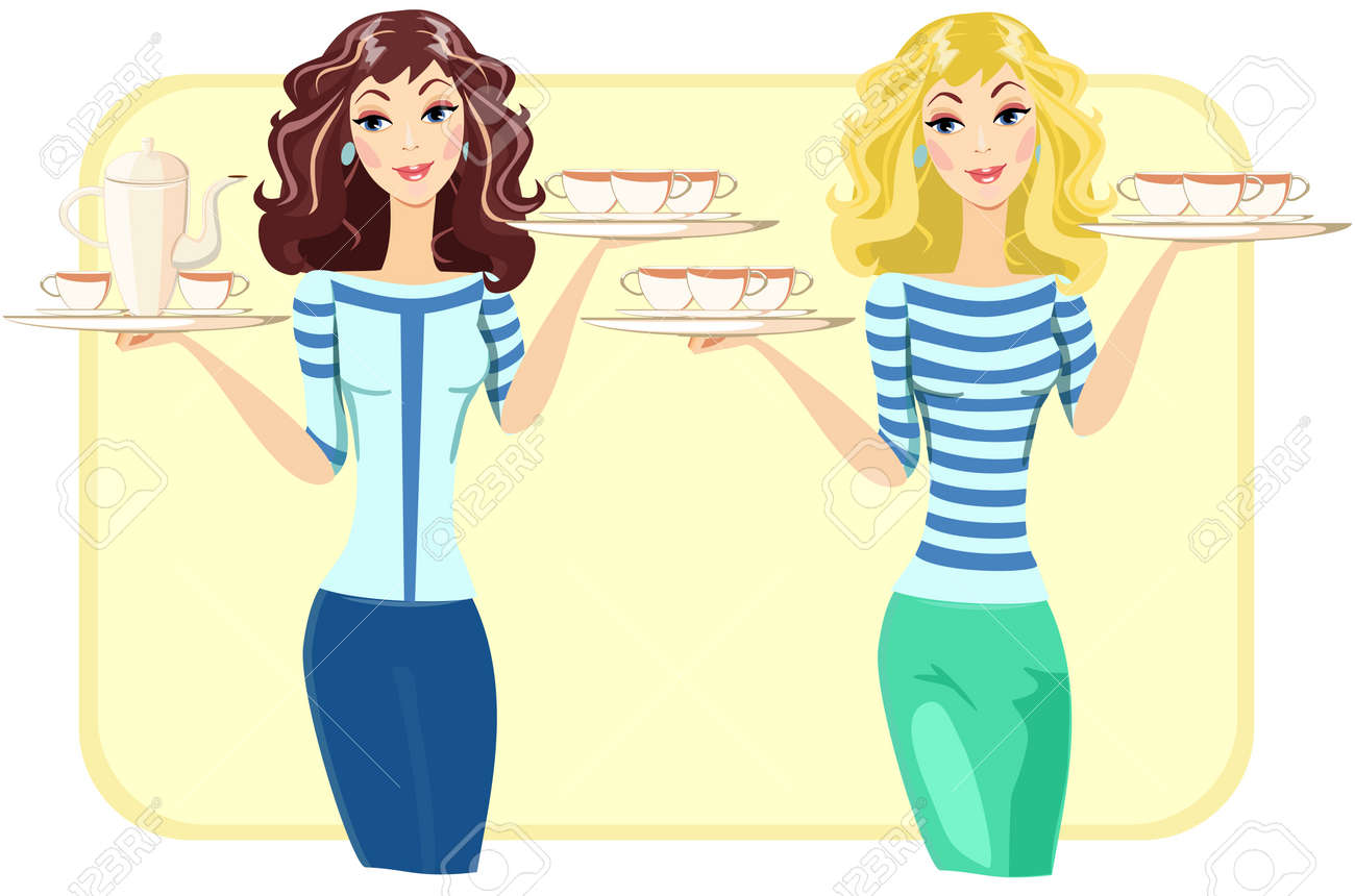 かわいいウェイトレスが レストランで紅茶とコーヒーのトレイで ベクトル イラスト のイラスト素材 ベクタ Image