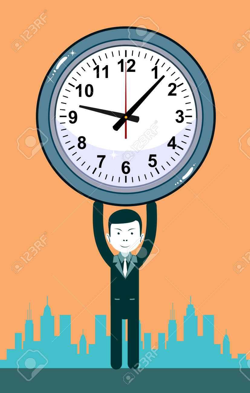 計画とスケジュールの時間管理 生産性向上を象徴する時計と男 のイラスト素材 ベクタ Image