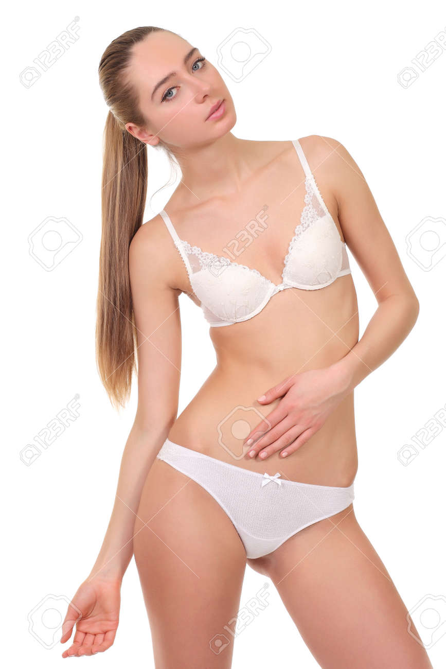 白い下着の美少女 白い背景で隔離の白い下着姿で美しい少女の写真素材・画像素材 Image 35970157