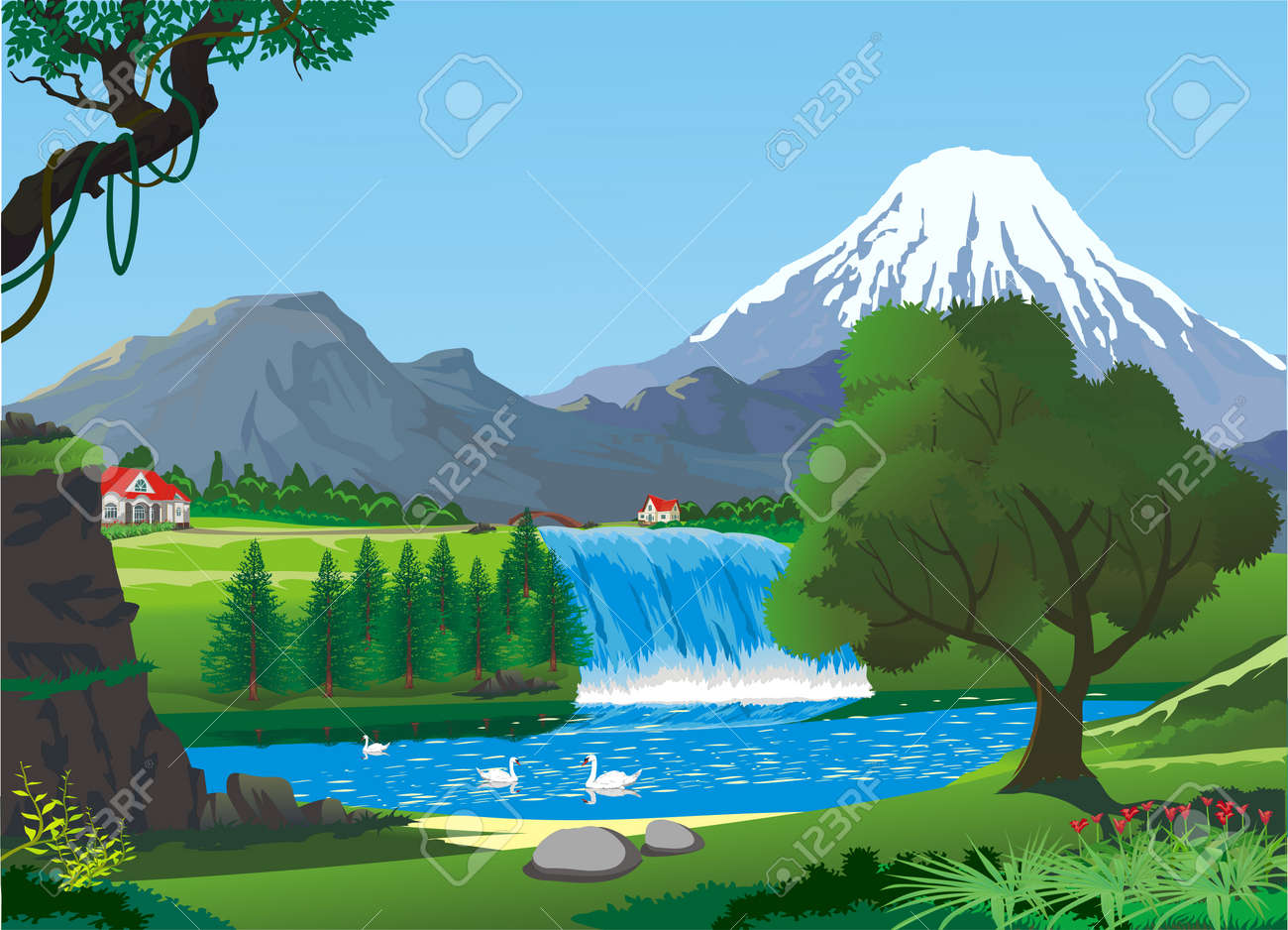 Cisnes De Paisaje Realistas En Un Lago De Montaña Cerca De La Cascada. Pueblo De Campo Al Pie De La Montaña. Ilustración Vectorial Ilustraciones Svg, Vectoriales, Clip Art Vectorizado Libre De Derechos. Cisnes De Paisaje Realistas En Un Lago De Montaña Cerca De La Cascada. Pueblo De Campo Al Pie De La Montaña. Ilustración Vectorial Ilustraciones Svg, Vectoriales, Clip Art Vectorizado Libre De Derechos.