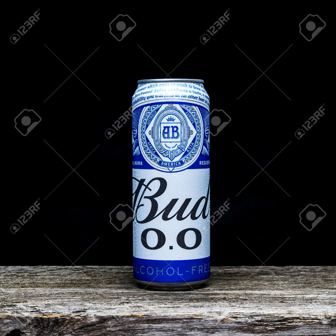 Russia, Moscow, July 13, 2020: Bottle of nonalcoholic "Bud" beer on a wooden table and dark background - 151526588 Russia, Moscow, July 13, 2020: Bottle of nonalcoholic "Bud" beer on a wooden table and dark background - 151526588