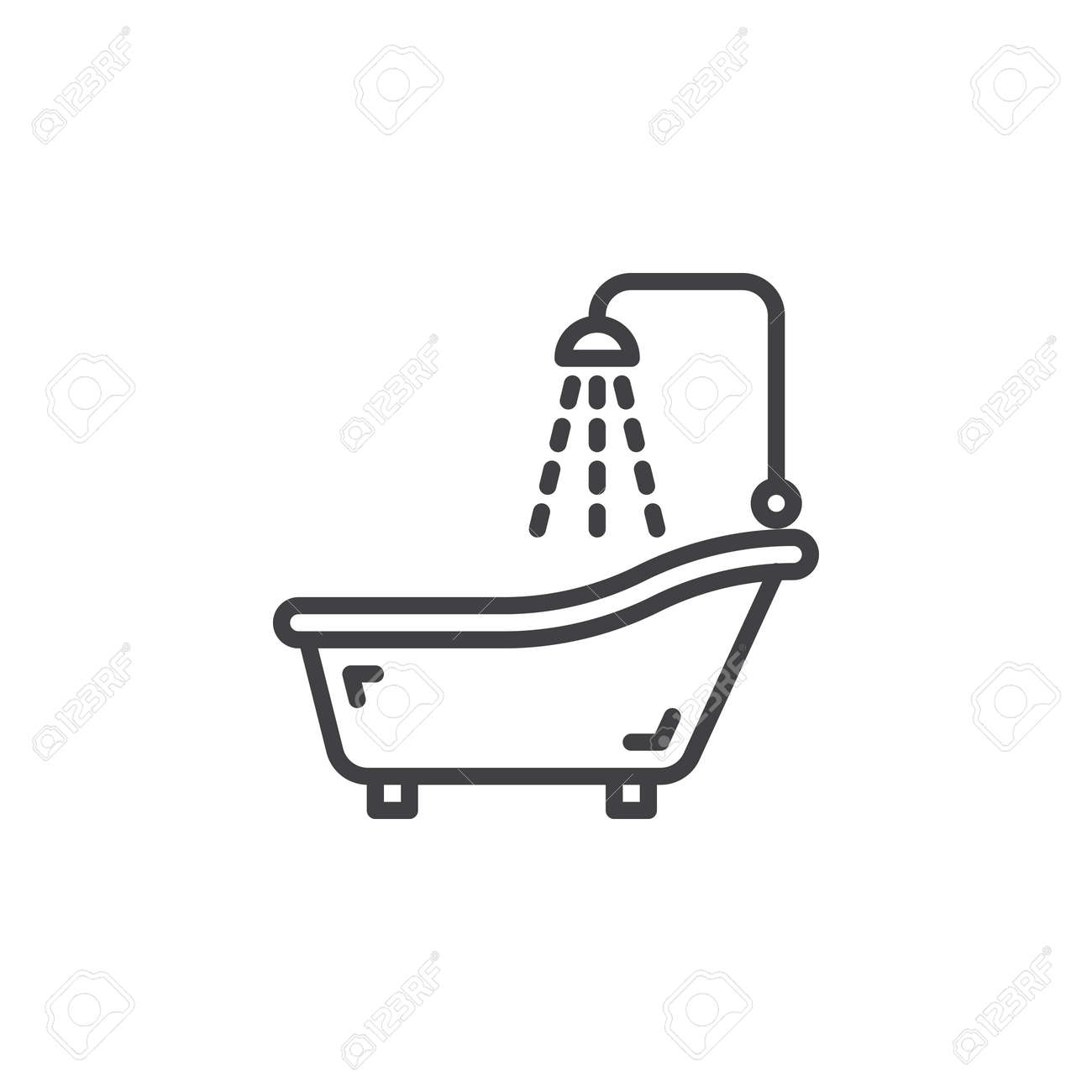 Icône de ligne de bain douche, signe de vecteur de contour, pictogramme linéaire isolé sur blanc. Baignoire, symbole de la salle de bain, illustration Icône de ligne de bain douche, signe de vecteur de contour, pictogramme linéaire isolé sur blanc. Baignoire, symbole de la salle de bain, illustration