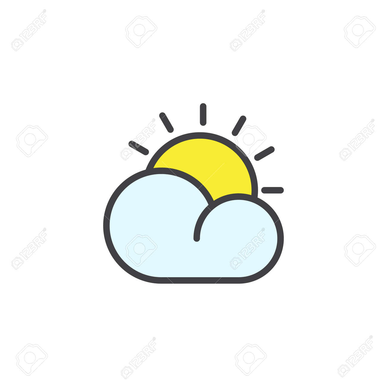 雲と太陽は アウトラインのアイコン 行ベクトル記号 白で隔離線形のカラフルな絵文字をいっぱい のイラスト素材 ベクタ Image