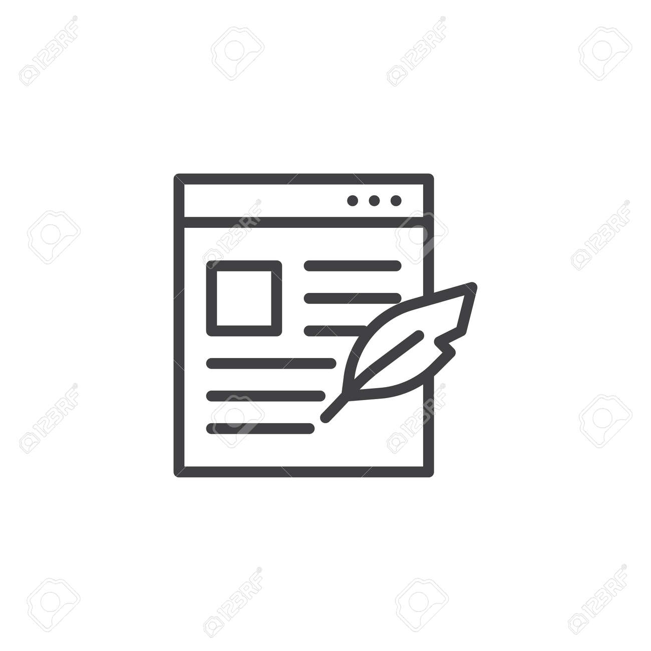 Webページと羽のペンラインアイコン アウトラインベクトル記号 白に分離された線形スタイルのピクトグラム ブログ ポストシンボル ロゴイラストを書き ます 編集可能なストロークのイラスト素材 ベクタ Image