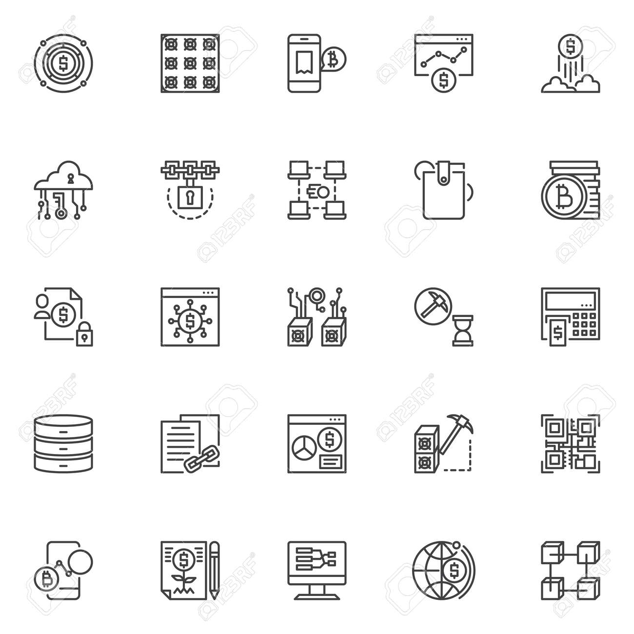 暗号通貨のアウトラインアイコンセット。線形スタイルシンボルコレクション、ラインサインパック。ベクトル  グラフィックス。セットには、ビットコイン、マイニングアシックファーム、為替レートチャート、暗号通貨ブロックチェーンなどのアイコンが含まれていますの  ...