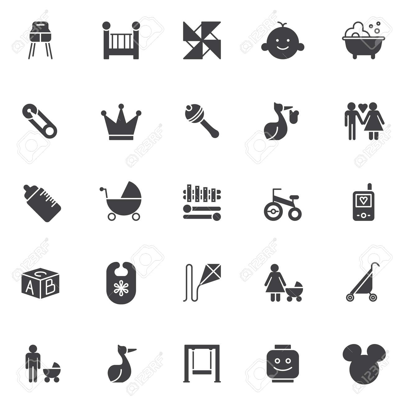 Accessoires Bebe Vector Icons Set Collection De Symboles Solides Modernes Pack De Pictogrammes De Style Rempli Signes Illustration De Logo L Ensemble Comprend Des Icones Comme Chaise Pour Enfant Lit D Enfant Moulinet Chambre