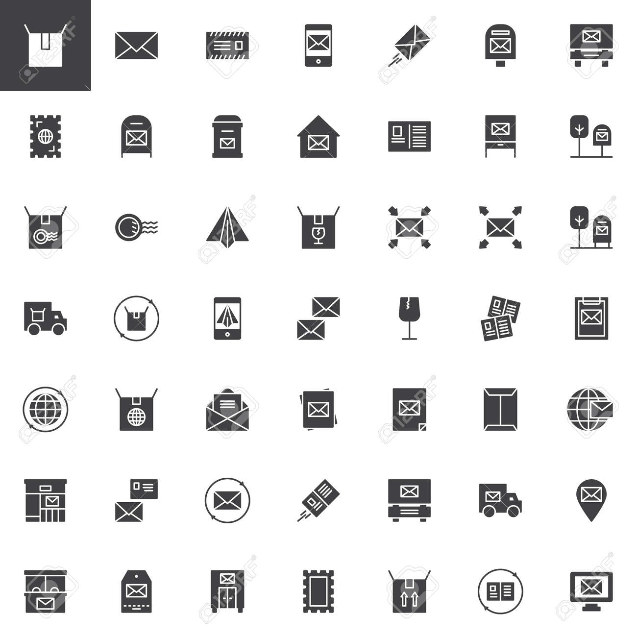 Post Vector Pictogrammen Set, Moderne Vaste Symbool Collectie, Gevulde  Stijl Pictogram Pakket. Tekenen, Logo Illustratie. Set Bevat Pictogrammen  Als Mail, Pakket, Postbus, Postkantoor, Postkaart, Postzegel, Levering  Vrachtwagen Royalty-Vrije Foto ...