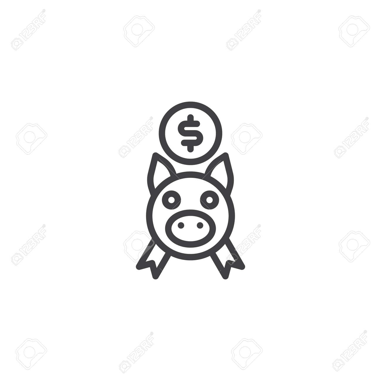 貯金箱とコインの正面図の線のアイコン。モバイルコンセプトとウェブデザインのための線形スタイルのサイン。お金を節約するアウトラインベクトルアイコン。銀行と金融のシンボル、ロゴの図のイラスト素材・ベクター  Image 117918718