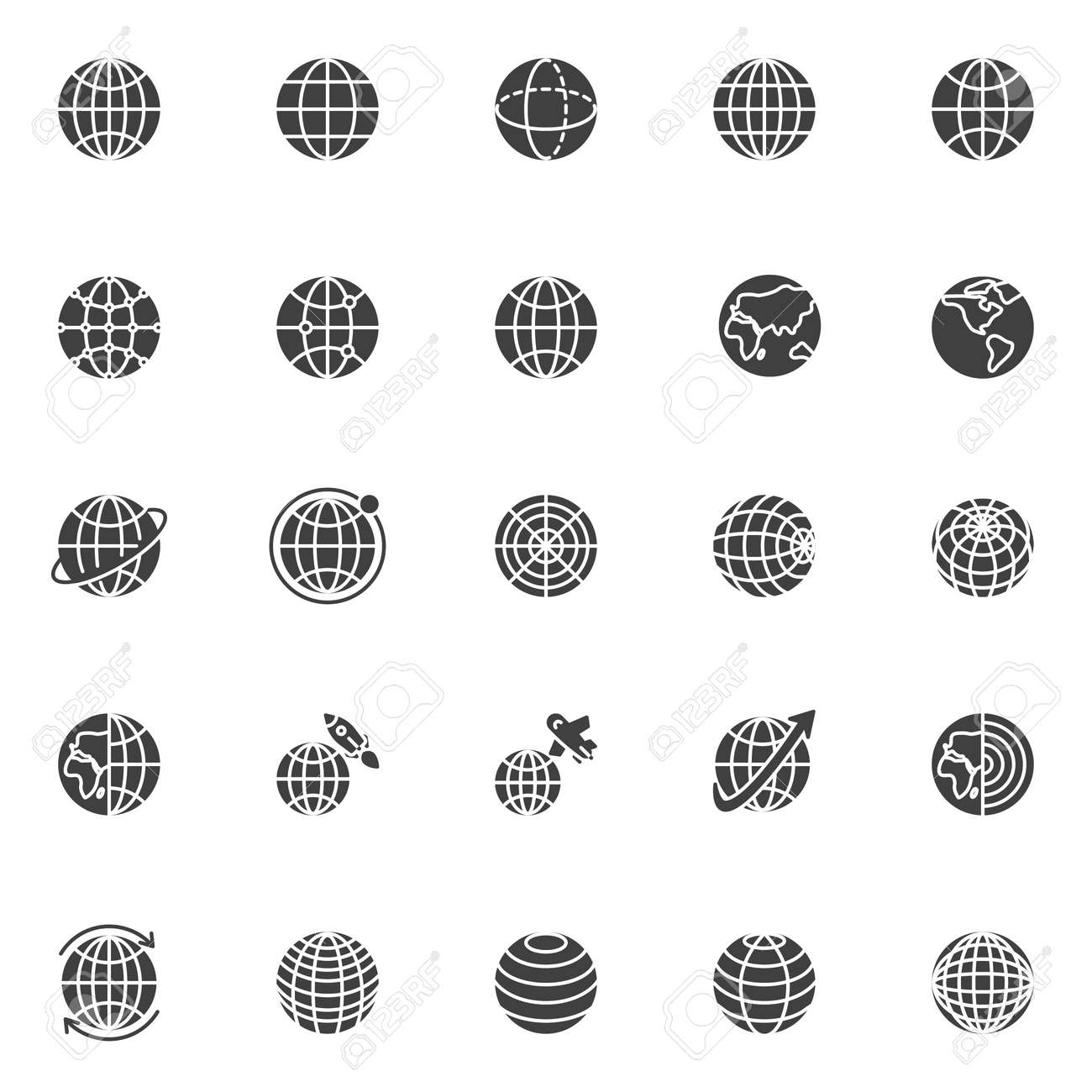 글로브 그리드 벡터 아이콘 세트, 현대적인 솔리드 기호 컬렉션 채워진 스타일 픽토그램 팩. 표지판, 로고 그림입니다. 세트에는 글로벌  네트워크 통신, 전 세계, 지리 지구 글로브로 아이콘이 포함됩니다. 로열티 무료 사진, 그림, 이미지