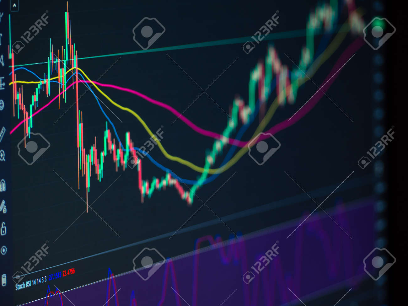 O Gráfico Do Mercado De Criptomoedas No Monitor. Análise De Dados No  Mercado De Ações: Os Gráficos De Velas São Exibidos. Análise De Mudança De  Preço De Criptomoeda Com Gráfico De Preços