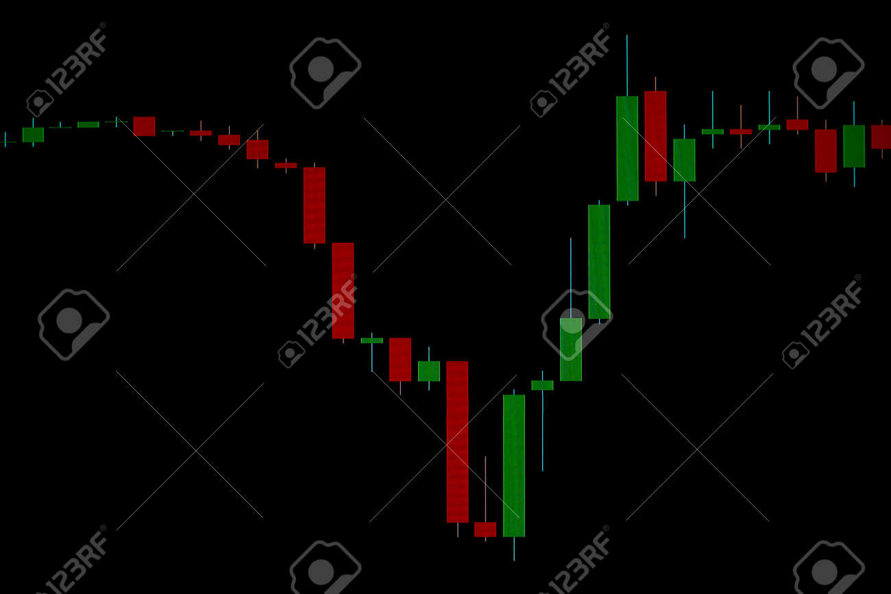 黒い背景に赤と緑の日本のローソク足を持つ株価の動きチャート。画面にオーバーレイするために使用できます。株価チャート。暗号通貨のクローズアップチャートの写真素材・画像素材  Image 188664271