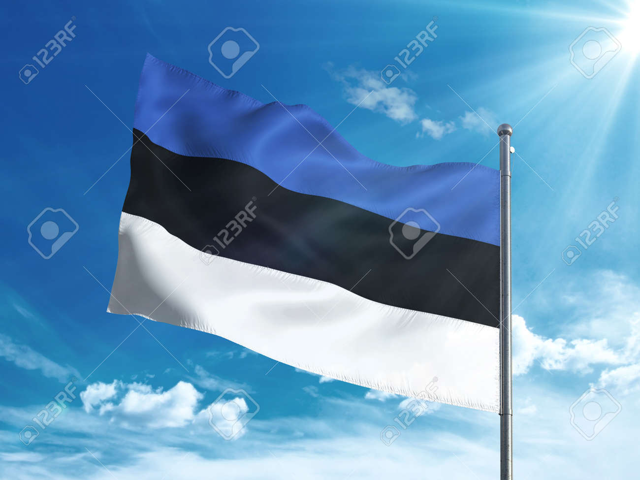 Estonia flag waving in the blue sky - 82914170 Estonia flag waving in the blue sky - 82914170
