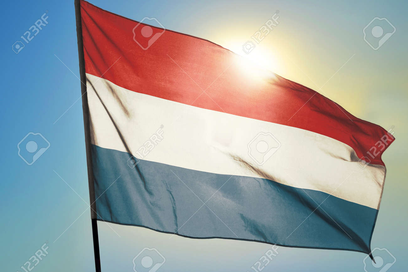 Netherlands flag waving on the wind in front of sun - 166480117 Netherlands flag waving on the wind in front of sun - 166480117
