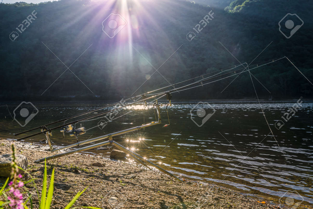 釣りの冒険 鯉釣り バックライト付き釣り道具 咬傷警報 ロッドポッド 釣り竿 釣りリール の写真素材 画像素材 Image