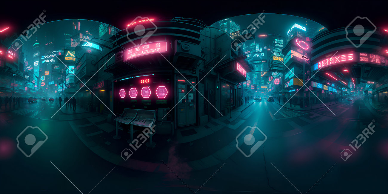 사이버펑크 나이트 시티 트론 미래 360 파노라마 HDRI 로열티 무료 사진, 그림, 이미지 그리고 스톡포토그래피. Image  205657862