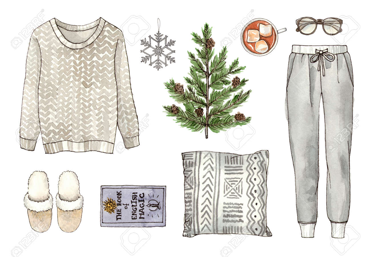 Watercolor Hand Drawing Sketch Fashion Outfit A Set Of Clothes