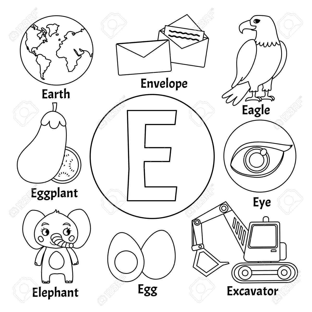 Vector Cute Kids Animal Alphabet Letter E Set Of Cute Cartoon Illustrations Coloring Page Royalty Free Cliparts Vectors And Stock Illustration Image 114903645