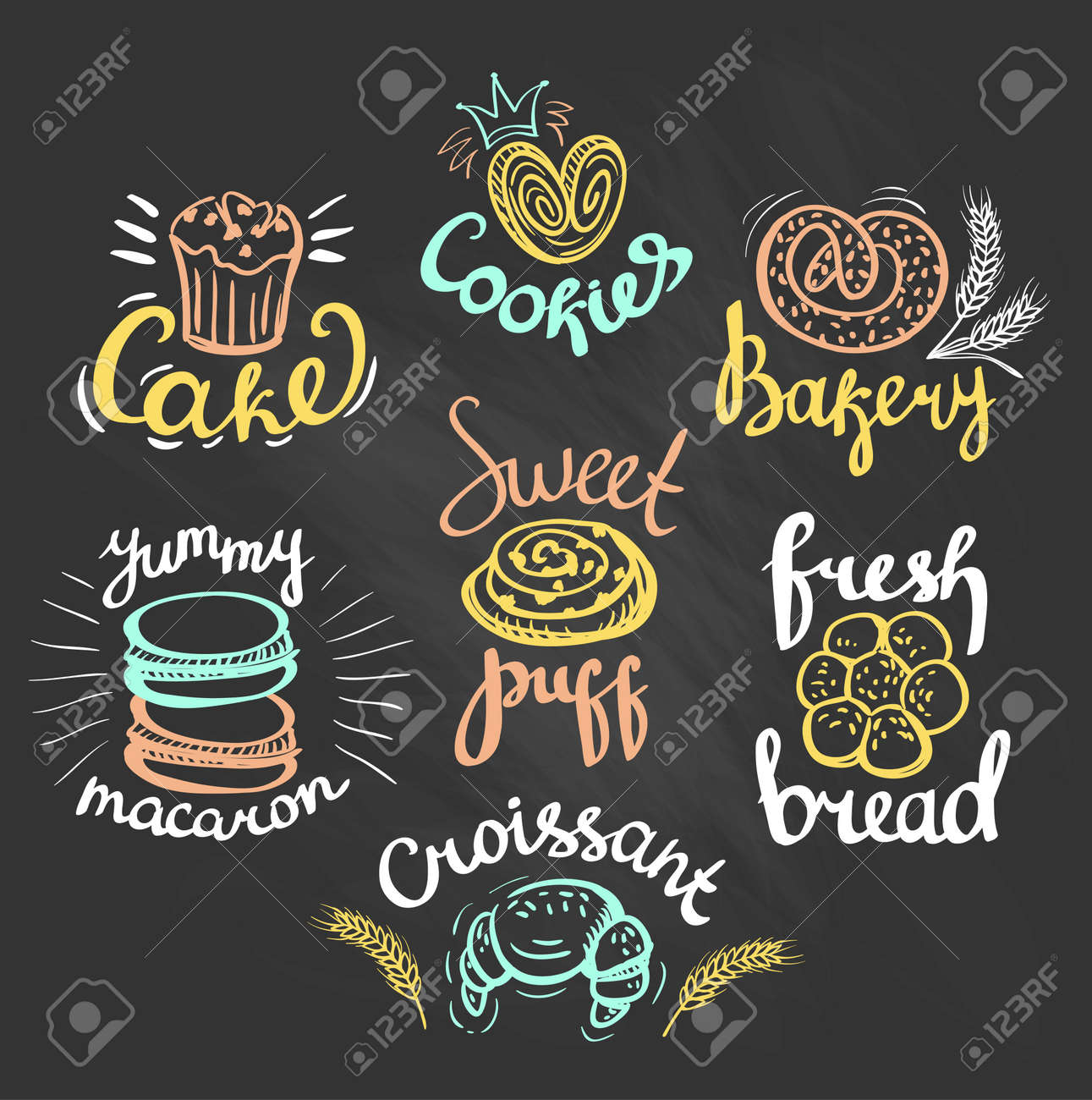set of color bakery logos on the chalkboard bakery labels royalty bakery logos