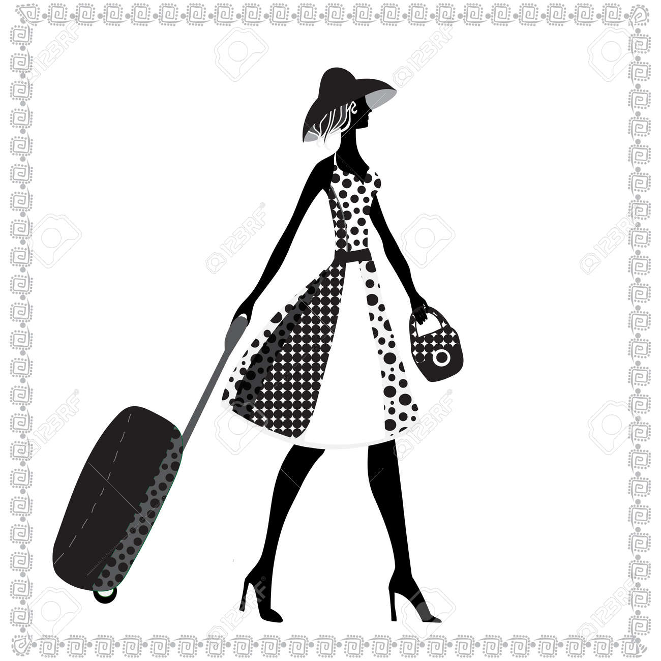 Black and white illustration of a young elegant woman with luggage, summer - 18078019 Black and white illustration of a young elegant woman with luggage, summer - 18078019